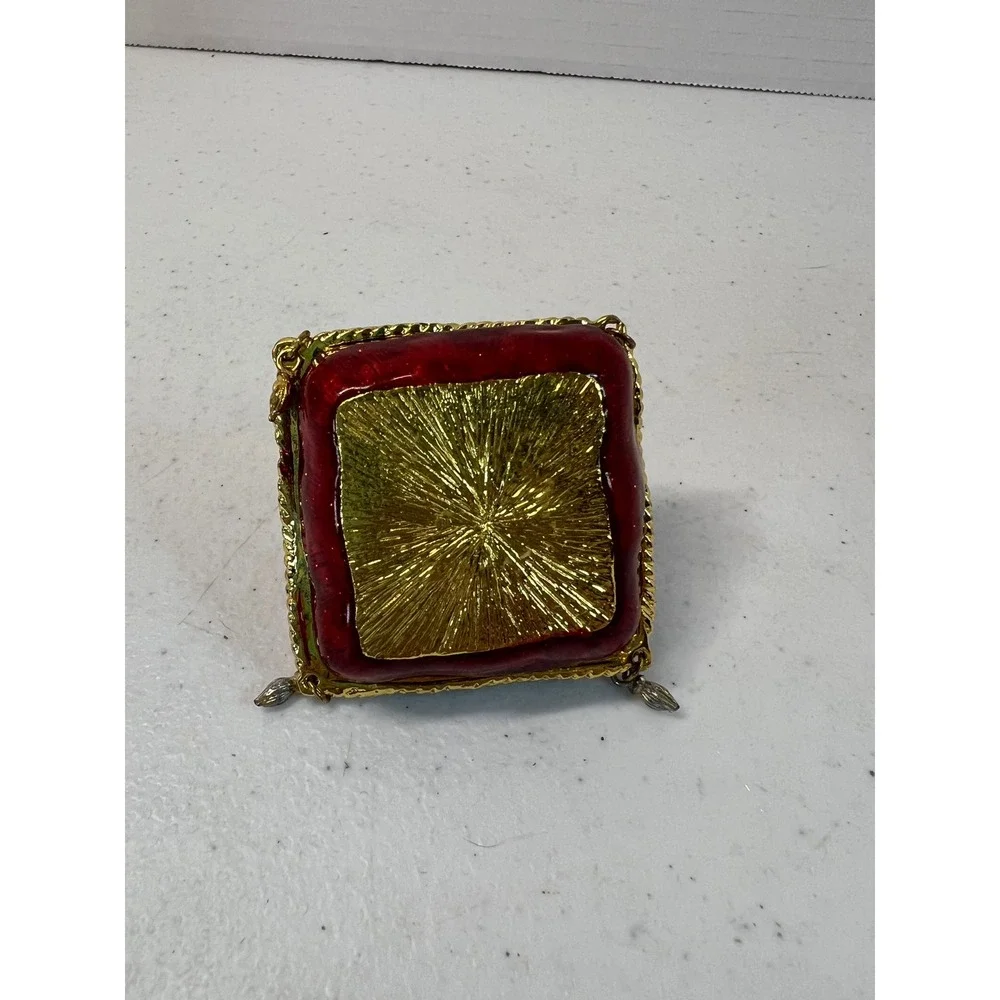 Vintage Enamel High Heel Shoe on Red‎ Pillow Trinket Box Rhinestone Jeweled Gold